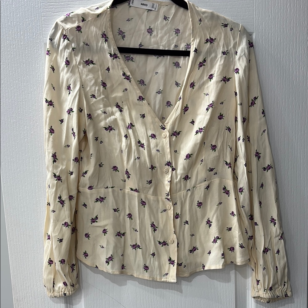 Mango Ivory Blouse with Purple Floral Design